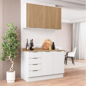 Cozinha Modulada 2 Peças com Tampo 1 Aéreo 3 Portas e 1 Balcão Pia Ipanema Cabecasa Madeiramadeira Branco/Amadeirado