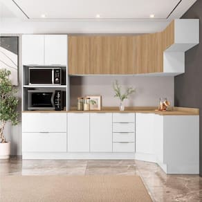 Cozinha Modulada 7 Peças com Tampo 3 Aéreos 3 Balcões e Torre Quente Ipanema Cabecasa Madeiramadeira Branco/Amadeirado