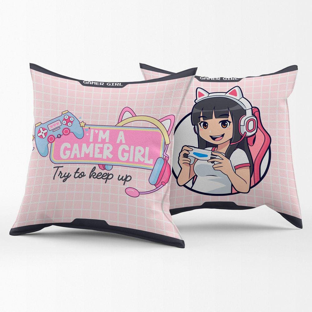 Par de Capas de Almofadas Estampadas Girl Gamer Rosa 45cm x 45cm - Decoração para Quarto