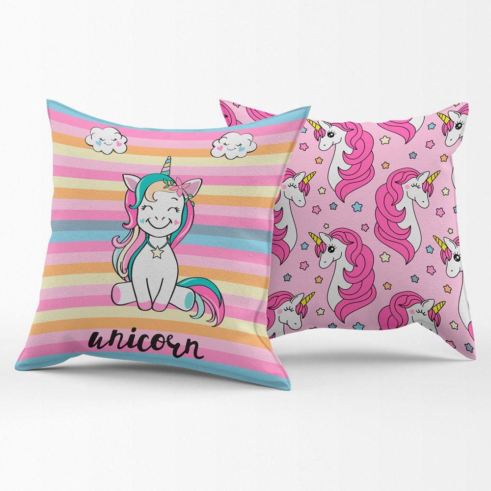 Par de Capas de Almofadas Estampadas Unicórnio Listrado Pink 45cm x 45cm - Decoração para Quarto