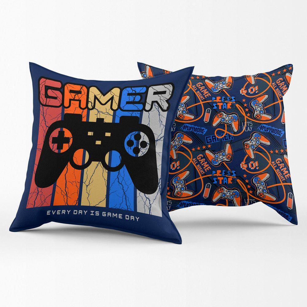 Par de Capas de Almofadas Estampadas Gamer Day Azul Marinho 45cm x 45cm - Decoração para Quarto