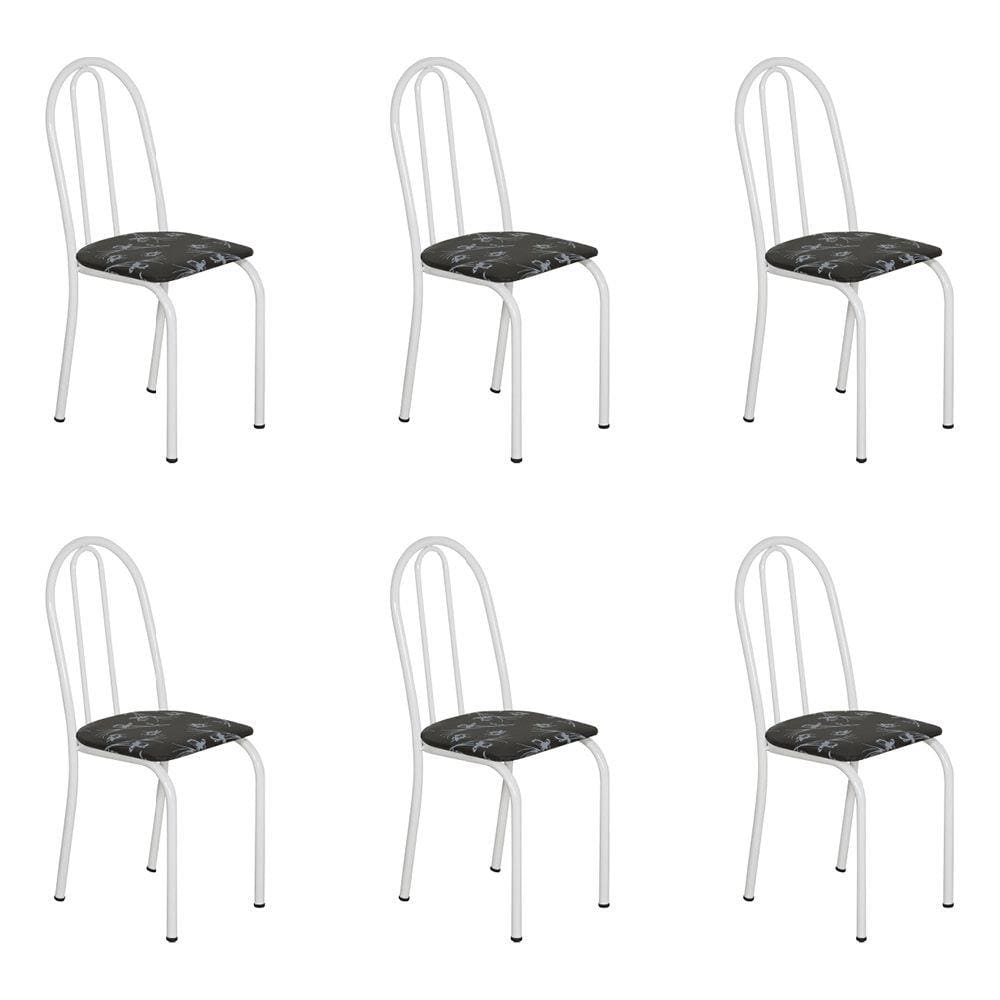 Kit 6 Cadeiras de Cozinha Califórnia Estampado Preto Florido Pés de Ferro Branco - Pallazio