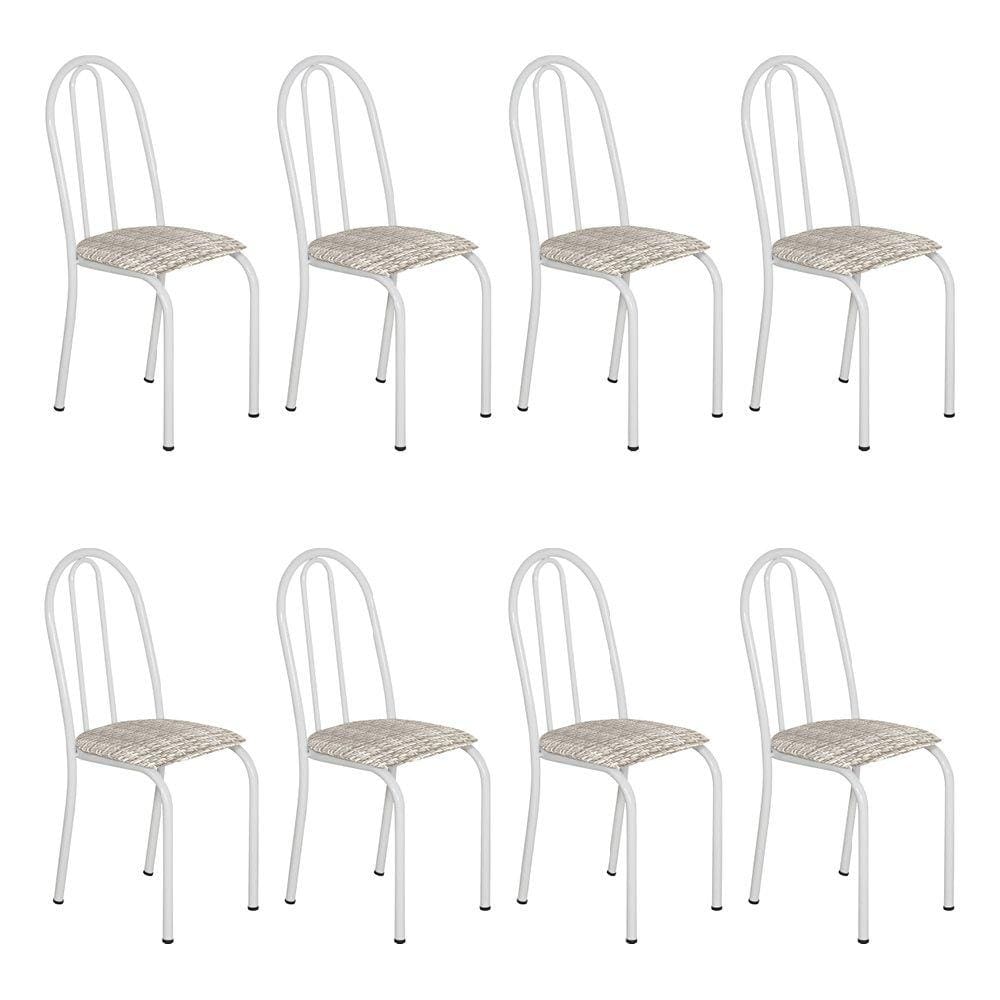 Kit 8 Cadeiras de Cozinha Califórnia Estampado Rattan Bege Pés de Ferro Branco - Pallazio