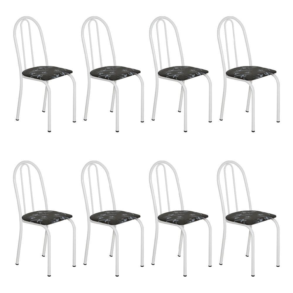 Kit 8 Cadeiras de Cozinha Califórnia Estampado Preto Florido Pés de Ferro Branco - Pallazio