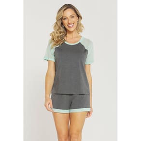 Pijama Feminino Curto Recorte Contrastante em Tule Vazado