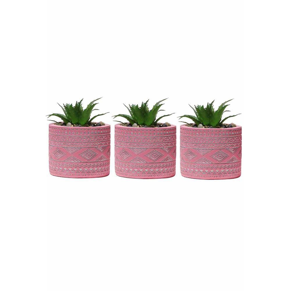 Kit 3 Vaso em Cimento Suculenta Planta Artificial Cor Rosa