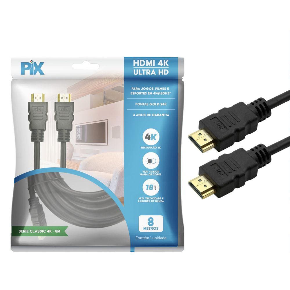 Cabo HDMI PIX 2.0 4K HDR 19 Pinos 8M 28AWG Polybag 