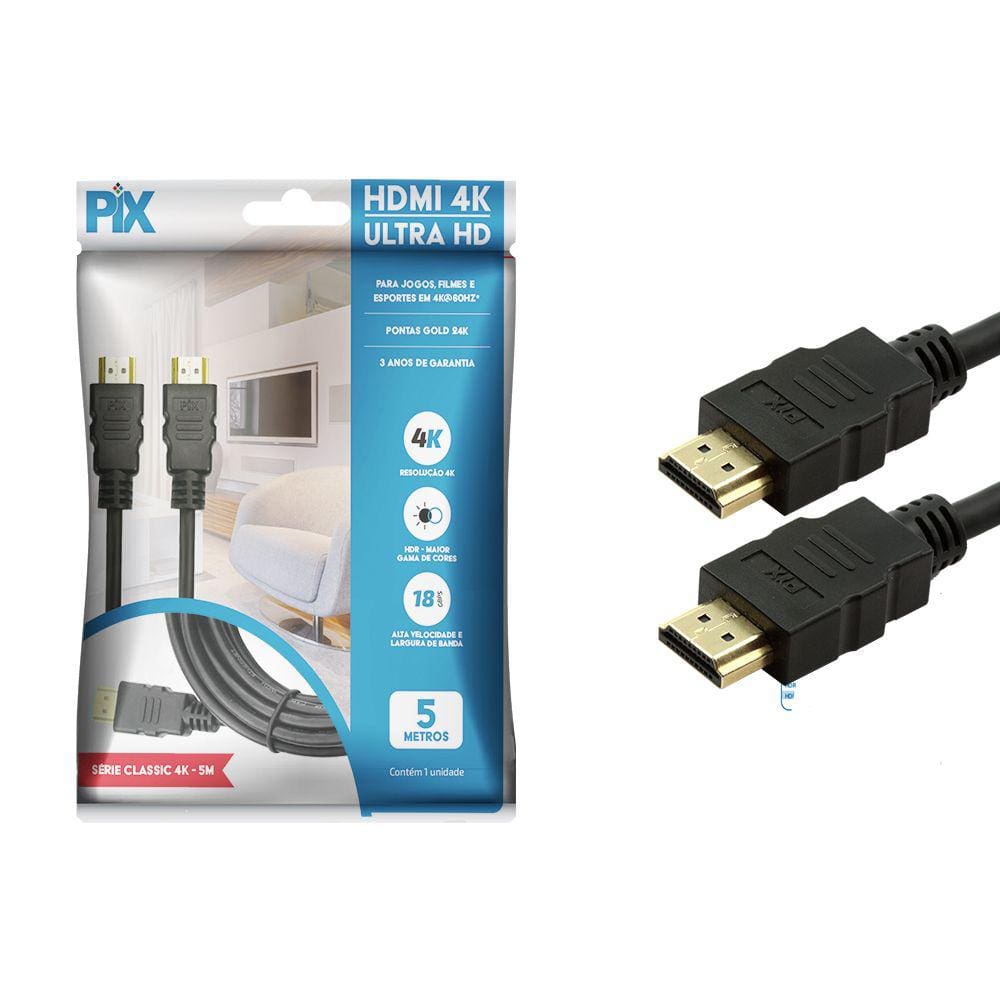 Cabo HDMI PIX 2.0 4K HDR 19 Pinos 5M 30AWG Polybag 