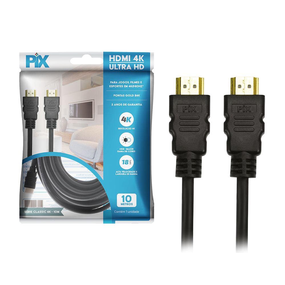 Cabo HDMI PIX 2.0 4K HDR 19 Pinos 10M 28AWG Polybag 