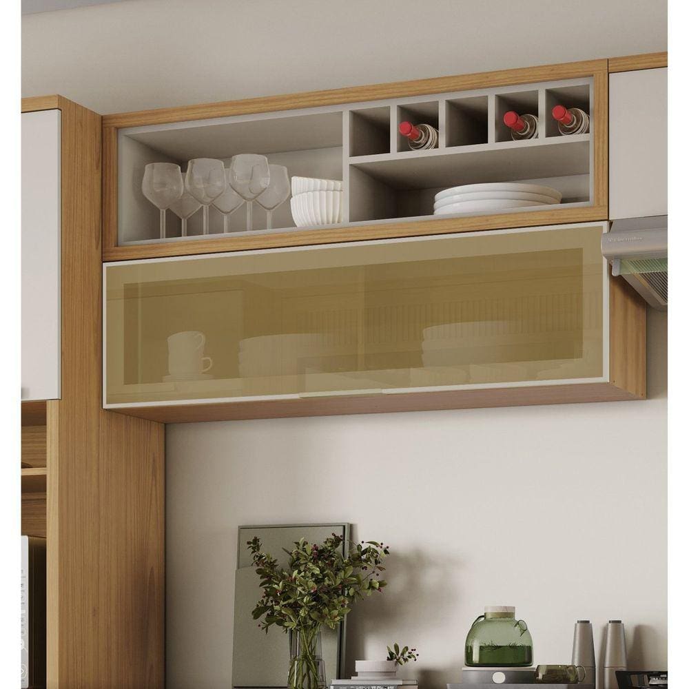 Armário Aéreo de Cozinha 120cm 1 Porta Horizonal Vidro Reflecta e Nicho Garrafeiro New Porto Mdf Freijó/Off White