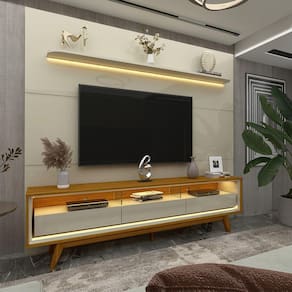 Rack com Painel para Tv até 85 Polegadas Led 3 Gavetas com Pés Madeira 220cm Royal/requinte Off White/Marromle-Off White