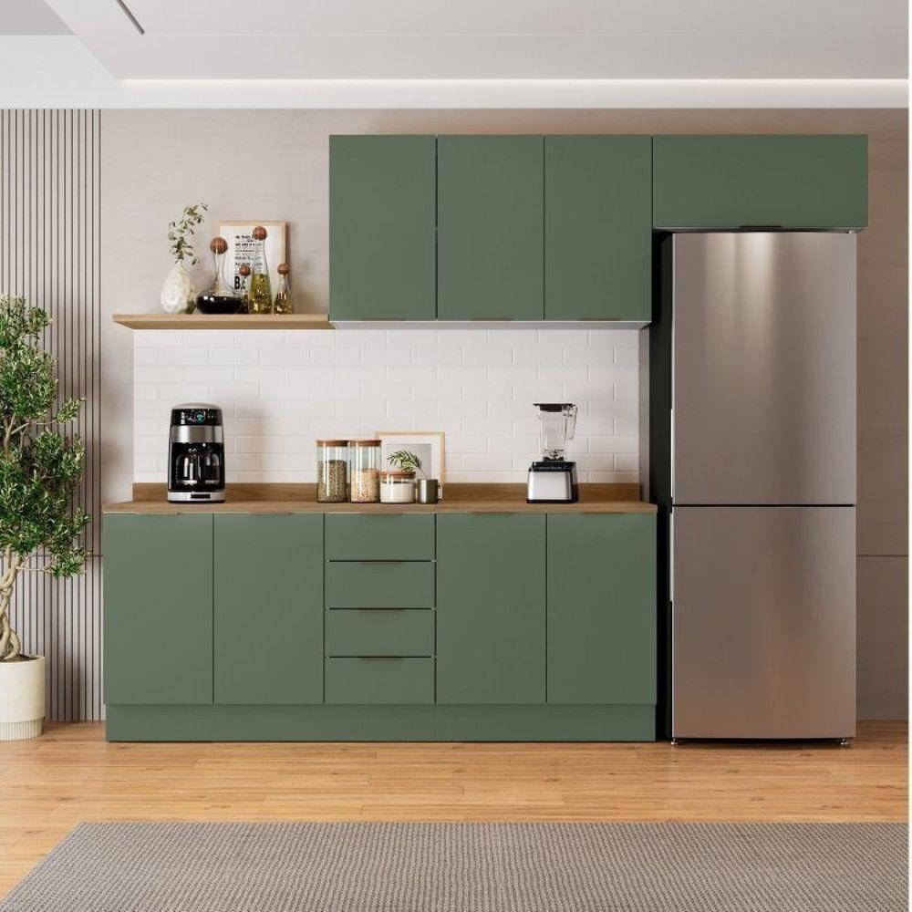 Cozinha Modulada 4 Peças com Tampo 2 Aéreos e 2 Balcões Ipanema Cabecasa Madeiramadeira Verde