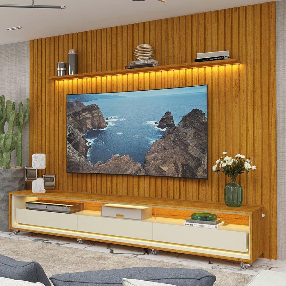 Rack com Painel para Tv até 85 Polegadas Led 3 Gavetas com Rodízios 275cm Nobre/requinte Marromle/Marromle-Off White