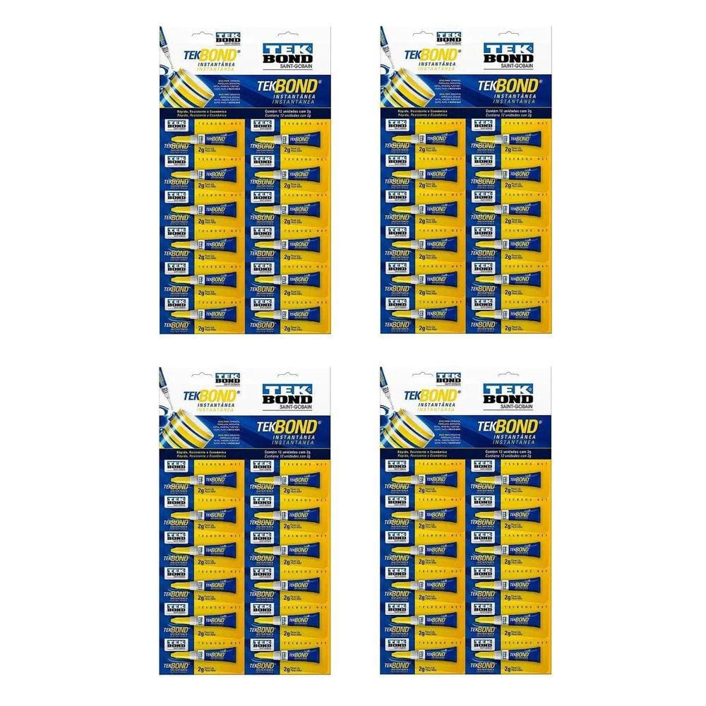 4 Cartelas Com 12 Unidades Cola Instantânea Tek Bond 2 Gr