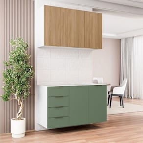 Cozinha Modulada 2 Peças sem Tampo 1 Aéreo 3 Portas e 1 Balcão Pia Ipanema Cabecasa Madeiramadeira Verde/Amadeirado