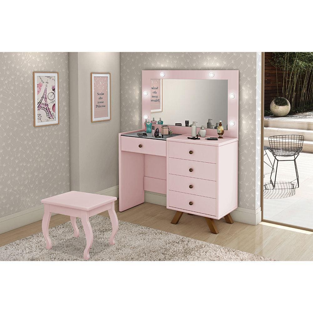 Penteadeira Camarim com Banqueta Espelho e Luzes Led Luna Rose