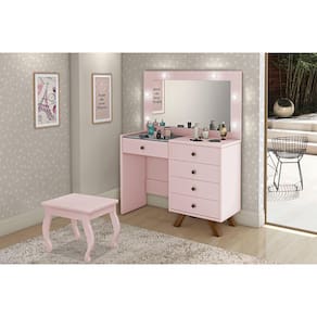 Penteadeira Camarim com Banqueta Espelho e Luzes Led Luna Rose