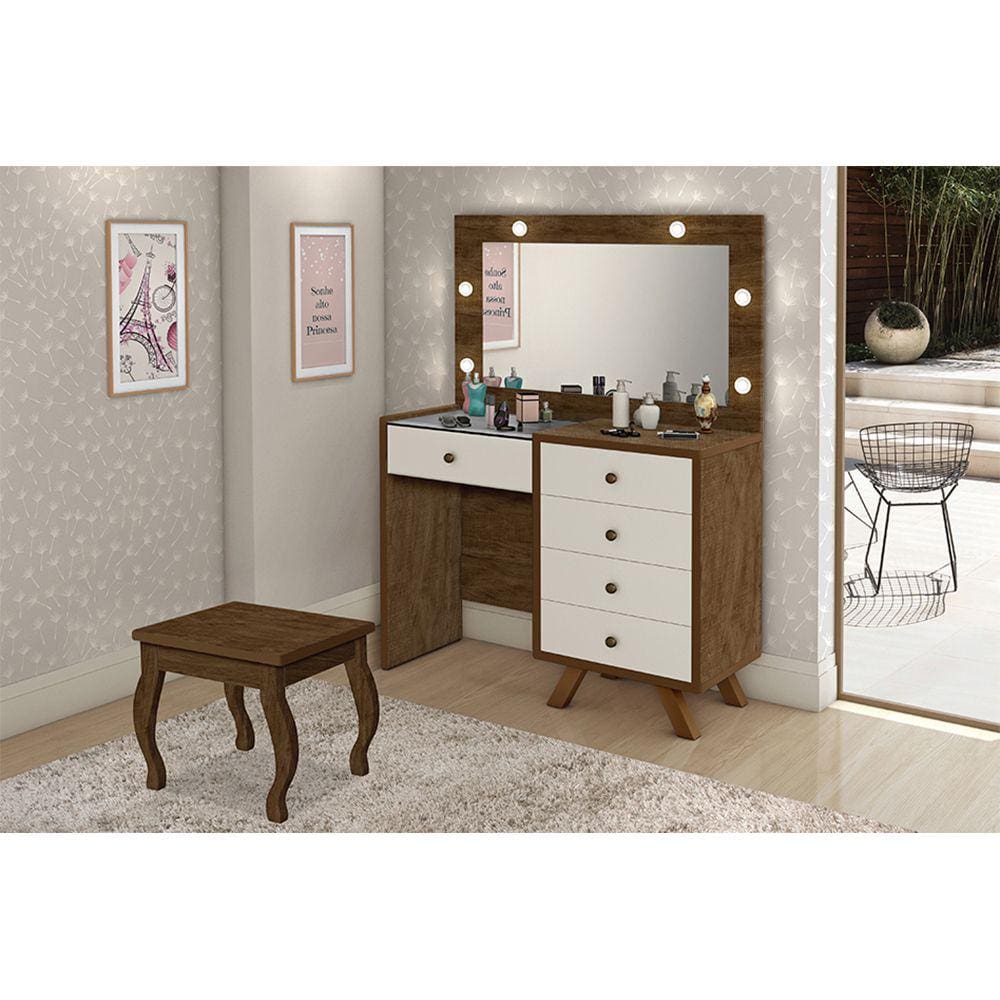 Penteadeira Camarim com Banqueta Espelho e Luzes Led Luna Malbec Off White