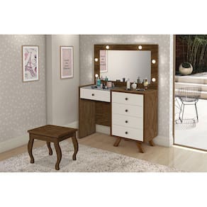 Penteadeira Camarim com Banqueta Espelho e Luzes Led Luna Malbec Off White