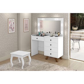 Penteadeira Camarim com Banqueta Espelho e Luzes Led Luna Branco