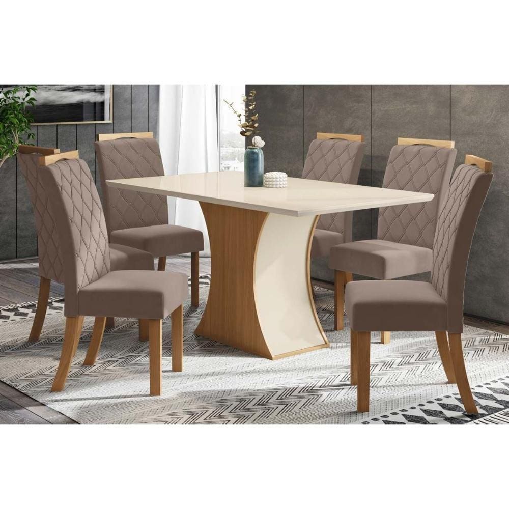 Sala de Jantar Completa Luiza Tampo Madeirado c/ Vidro 160x90cm e 6 Cadeiras Bella Nature/Marrom Amêndoa - Henn