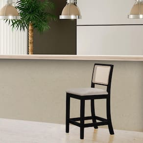 Banqueta Estofada Tecido Linho Bege Encosto em Tela Sextavada Rubi Madeira Maciça Preto