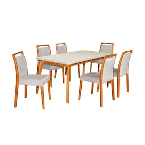 Mesa Jantar Jade 160X90cm Off White Com 6 Cadeiras Estofadas Linho Bege Base Madeira Maciça
