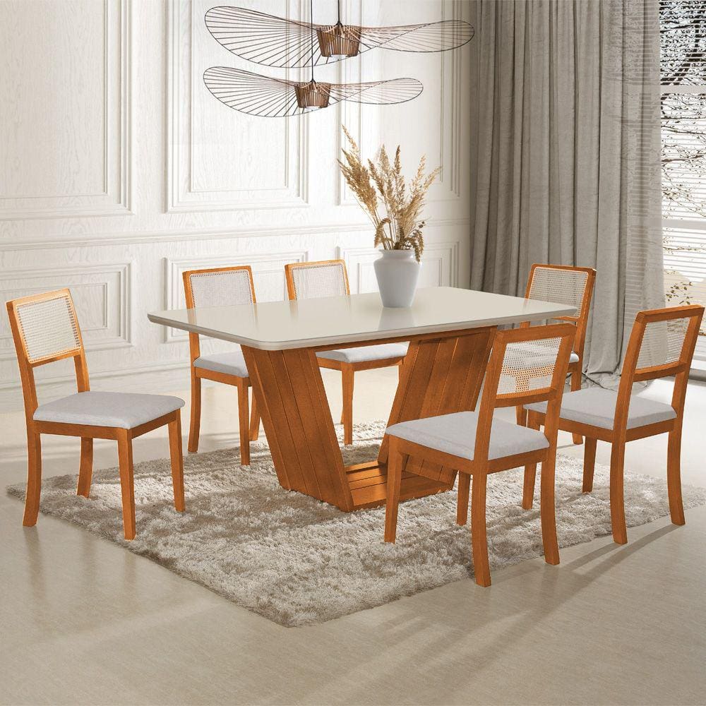 Mesa Jantar Safira 160X90 Off White Com 6 Cadeiras Palha Em Linho Bege Telinha Madeira Maciça