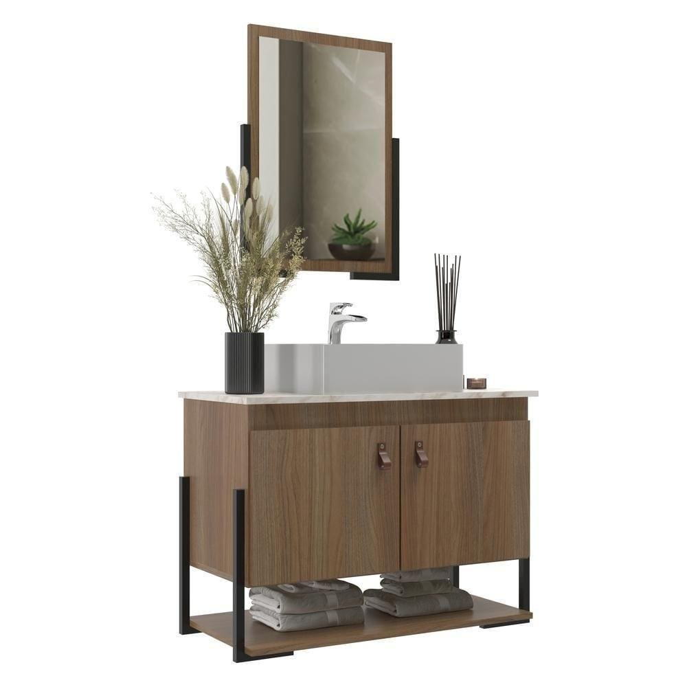 Gabinete Banheiro 60cm 2 Portas Com Cuba E Espelheira Multimóveis Cr10106 Noce/calacata