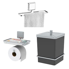 Kit Porta Papel Higiênico Toalheiro 25cm Lixeira 6,5L Com Suporte Adesivo Preto Cromado - Future
