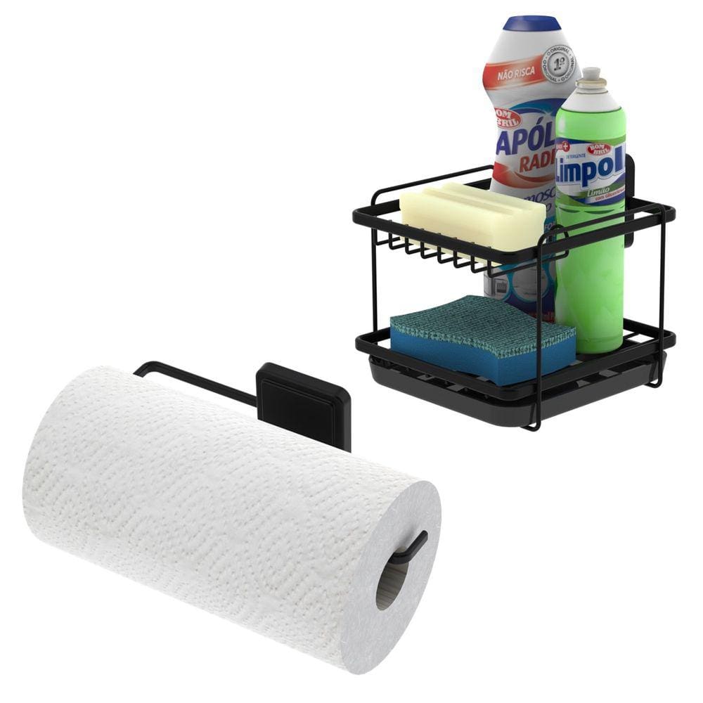 Kit Suporte Rolo Papel Toalha Alumínio Porta Detergente Sabão De Cozinha Preto Fosco - Future