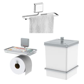Kit Porta Papel Higiênico Toalheiro 25cm Lixeira 6,5L Com Suporte Adesivo Branco Cromado - Future