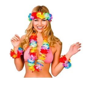 Kit Havaiano Colar Coroa Pulseira Festas Carnaval 4 pçs