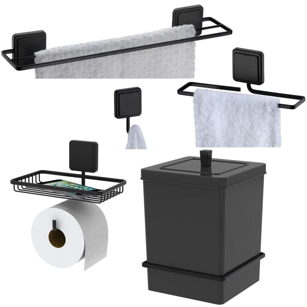 Kit Lixeira 6,5L Quadrada Com Suporte Toalheiro Duplo Porta Papel Higiênico Gancho Adesivo Preto Fosco - Future