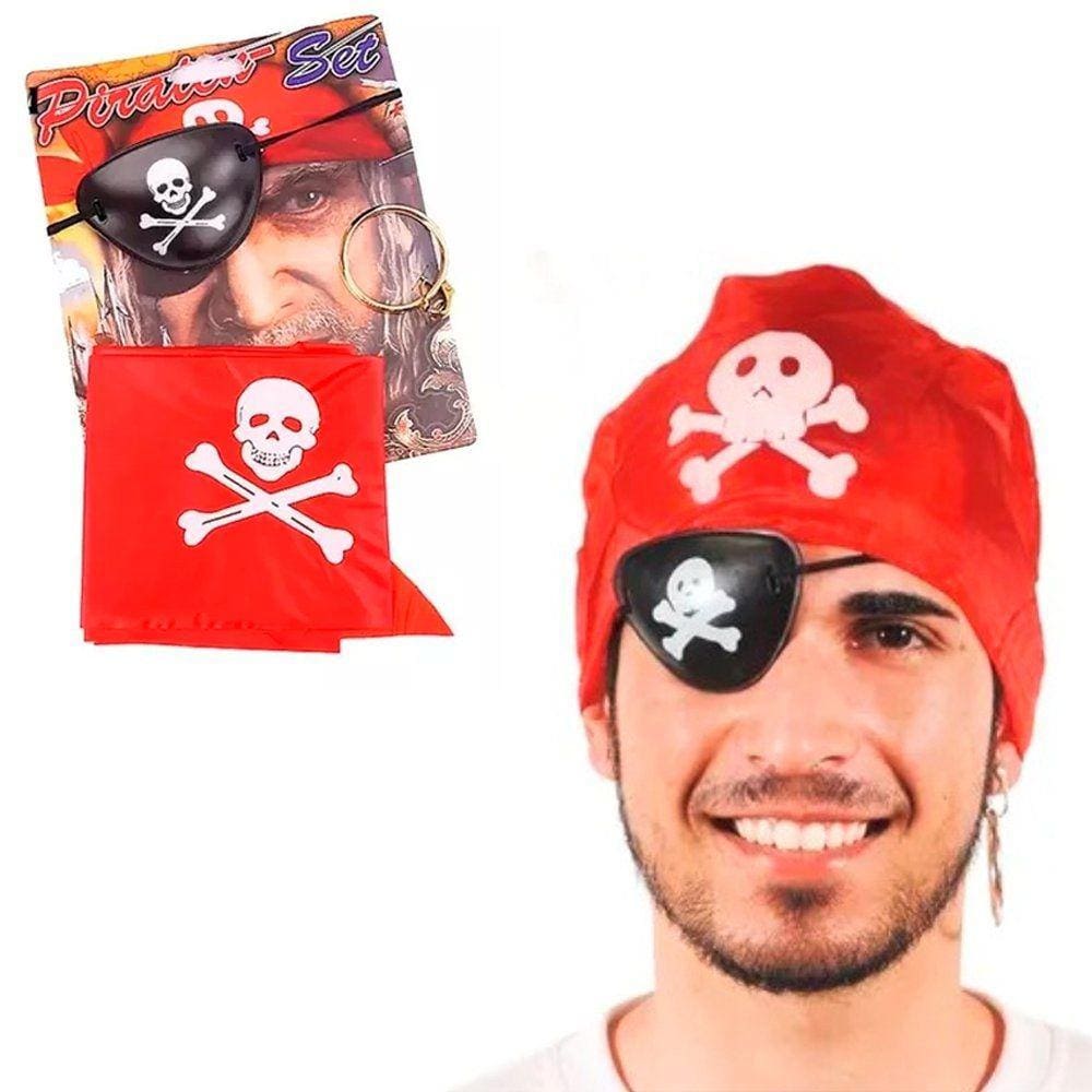 Kit pirata Tampa Olho, Argola e bandana Fantasia Carnaval