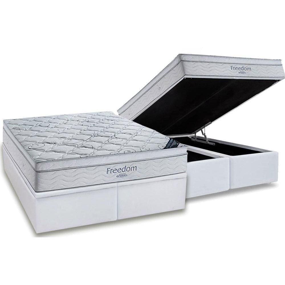 Cama Box Baú Queen: Colchão Molas Ensacadas Ortobom SuperPocket Freedom Visco + Base CRC Suede White(158x198)