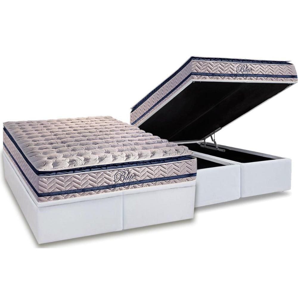 Cama Box Baú Queen: Colchão Molas Ensacadas Paropas MasterPocket Blue + Base CRC Courano White(158x198)