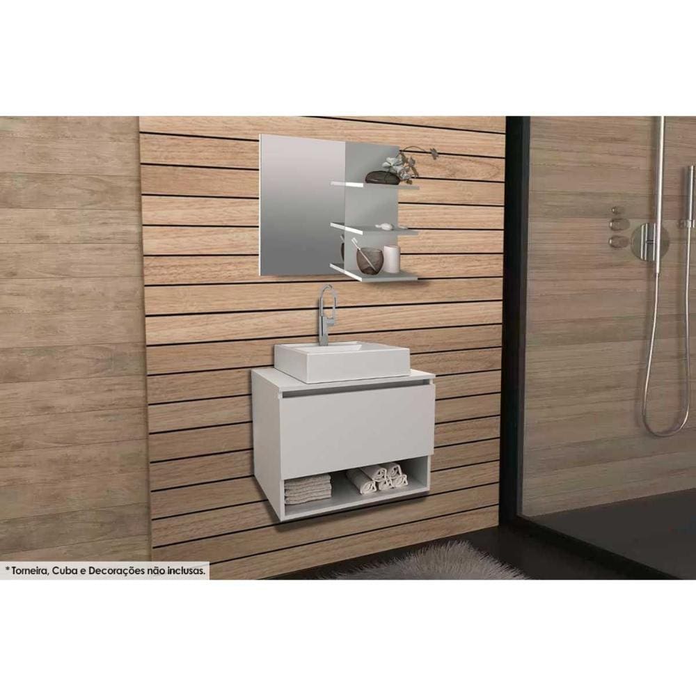 Conjunto de Banheiro Armário c/Espelho BN3608 e Balcão Suspenso BN3607 s/Cuba Pia 60cm cor Branco - Tecno Mobili