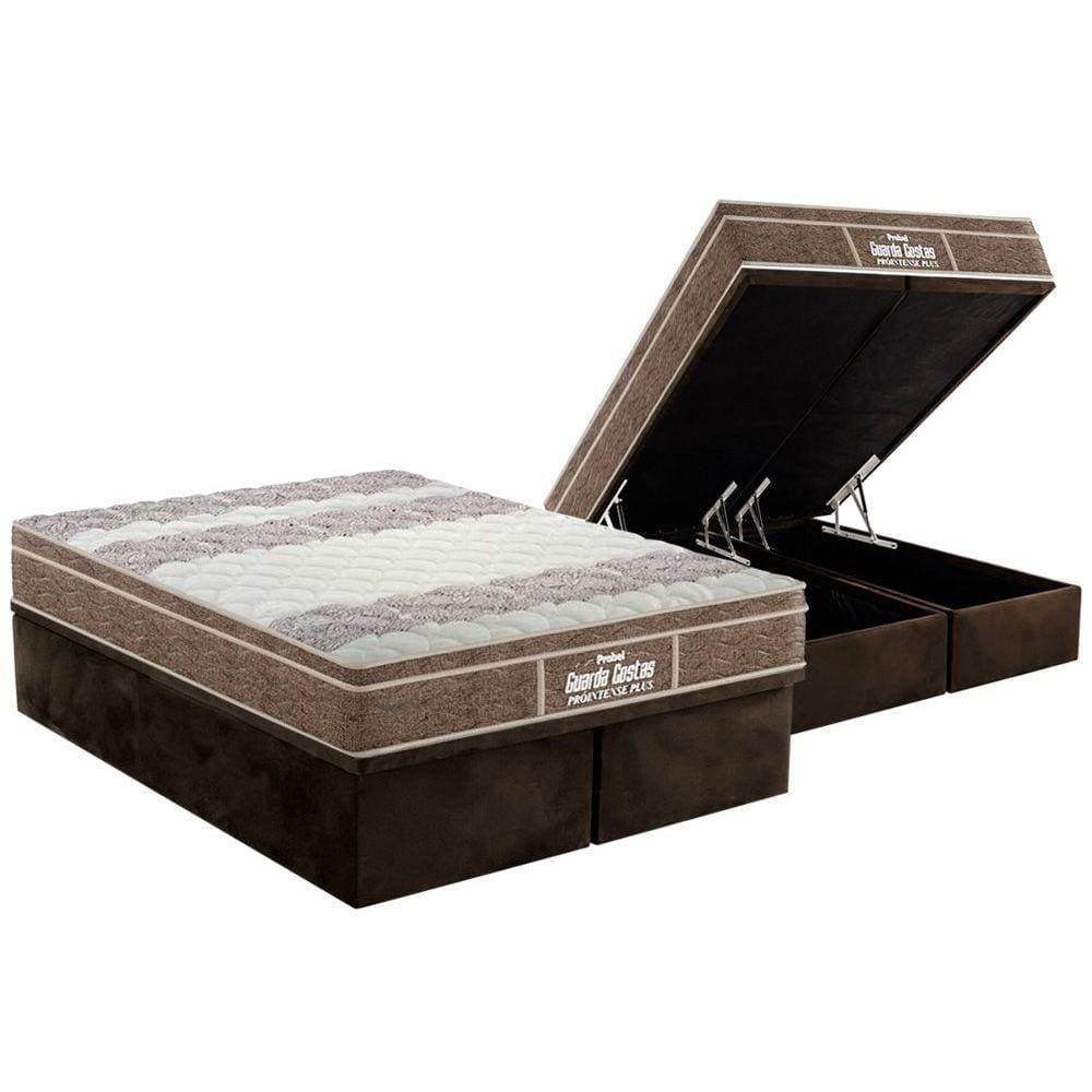 Cama Box Baú Queen: Colchão Anatômico Probel D33 / EP Guarda Costas PróIntense Plus + Base CRC Suede Brown(158x198)