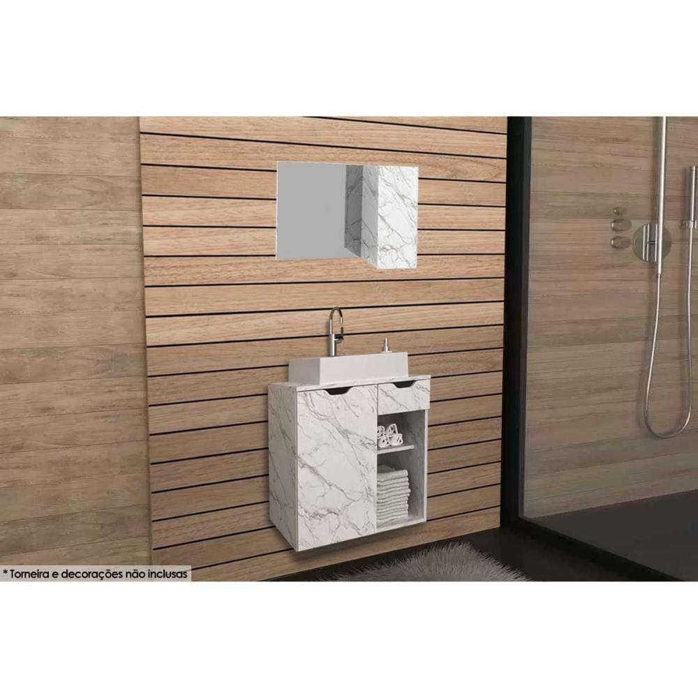 Conjunto de Banheiro Armário c/ Espelho BN3602 80cm e Balcão Suspenso BN3605 60cm c/ Cuba Pia BN3600 cor Mármore Branco - Tecno Mobili