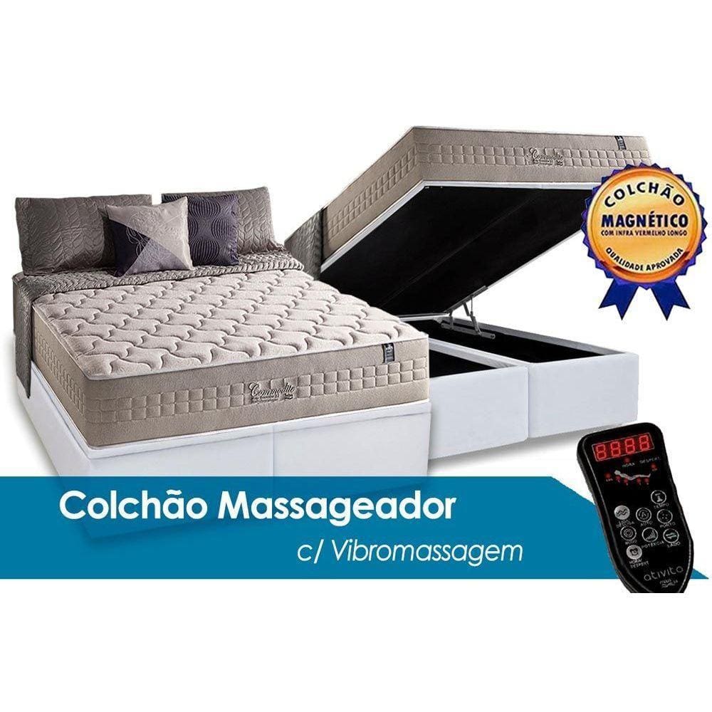 Cama Box Baú King: Colchão c/Vibro Massagem Anjos MasterPocket Magnético Infravermelho Commodite + Base CRC Courano Branco(193x203)