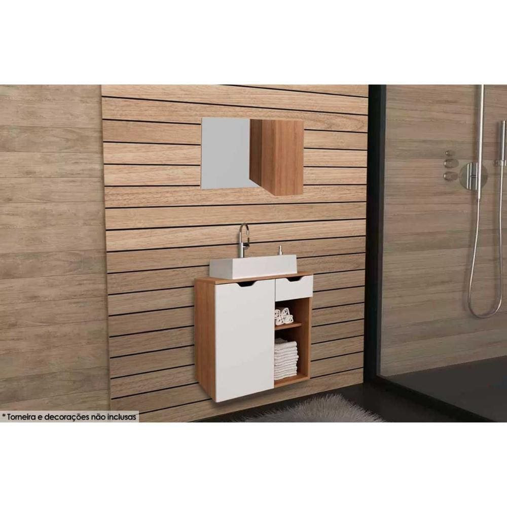 Conjunto de Banheiro Armário c/ Espelho BN3602 80cm e Balcão Suspenso BN3605 60cm c/ Cuba Pia BN3600 cor Amêndoa/Branco - Tecno Mobili