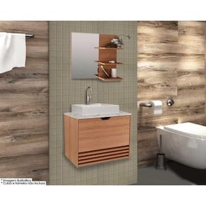 Conjunto de Banheiro Armário c/ Espelho BN3608 e Balcão Suspenso BN3613 s/ Cuba Pia 60cm cor Amendoa/Marmore Branco - Tecno Mobili