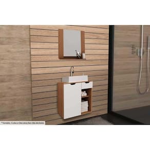 Conjunto de Banheiro Armário c/ Espelho BN3610 e Balcão Suspenso BN3605 s/ Cuba Pia 60cm cor Amêndoa/Branco - Tecno Mobili