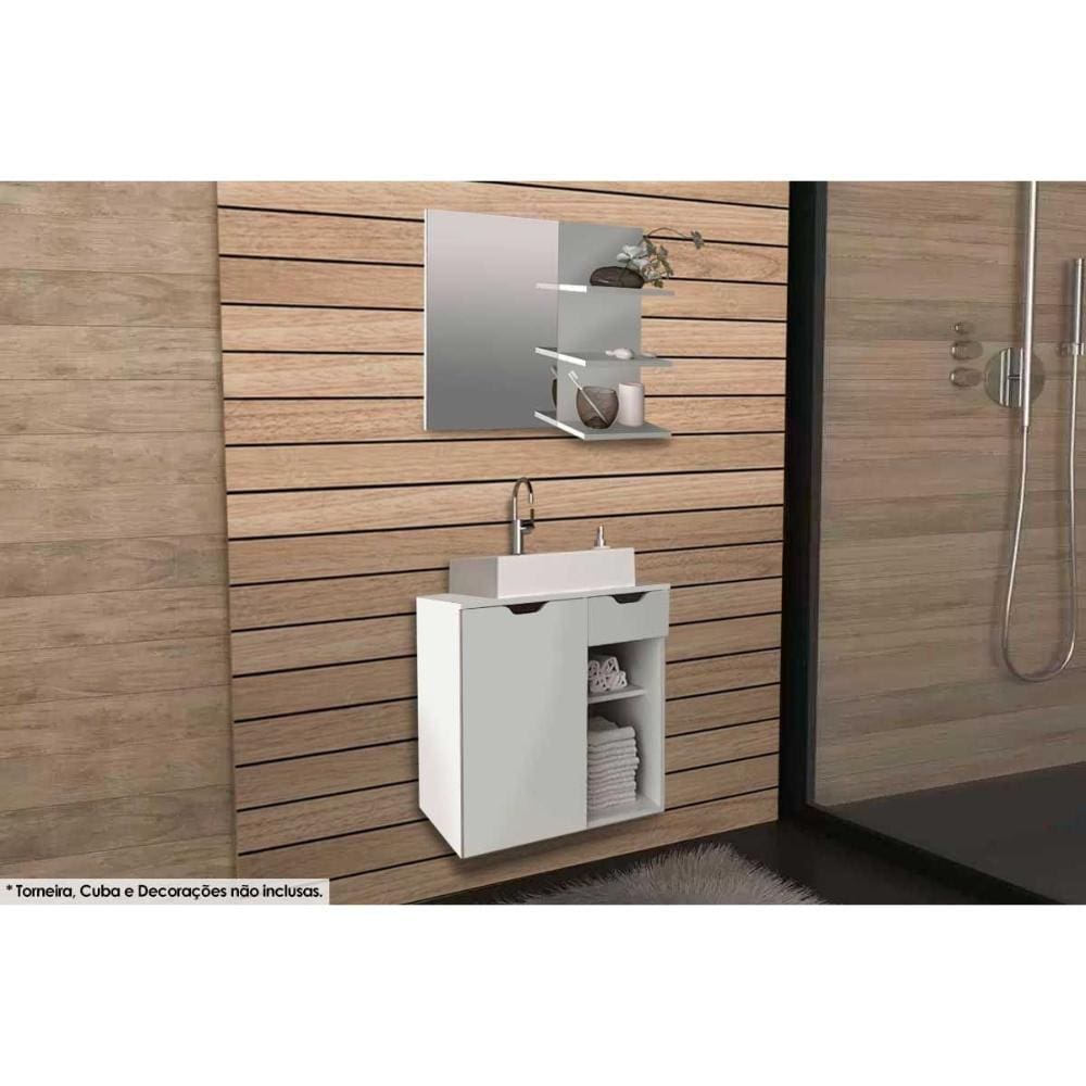 Conjunto de Banheiro Armário c/ Espelho BN3608 e Balcão Suspenso BN3605 s/ Cuba Pia 60cm cor Branco - Tecno Mobili