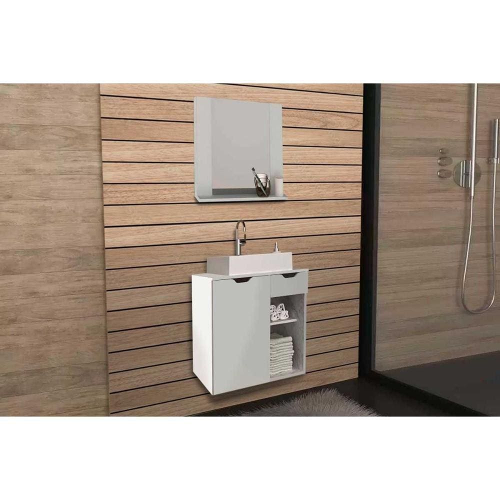 Conjunto de Banheiro Armário c/ Espelho BN3610 e Balcão Suspenso BN3605 c/ Cuba Pia BN3600 60cm cor Branco - Tecno Mobili