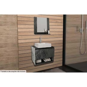Conjunto de Banheiro Armário c/ Espelho BN3610 e Balcão Suspenso BN3606 c/ Cuba Pia BN3600 60cm cor Mármore Lunar - Tecno Mobili
