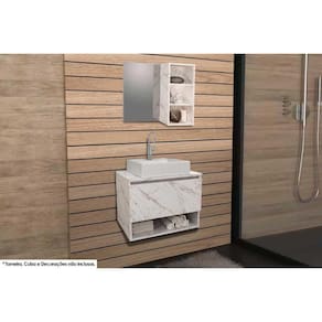 Conjunto de Banheiro Armário c/ Espelho BN3609 e Balcão Suspenso BN3606 s/ Cuba Pia 60cm cor Mármore Branco - Tecno Mobili