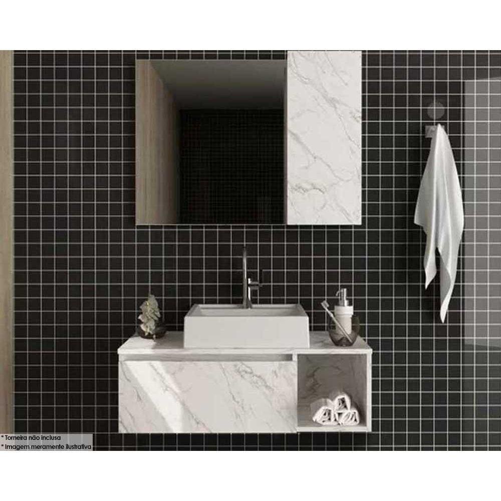 Conjunto de Banheiro Armário c/ Espelho BN3602 e Balcão Suspenso BN3601 c/ Cuba Pia BN3600 80cm cor Mármore Branco - Tecno Mobili