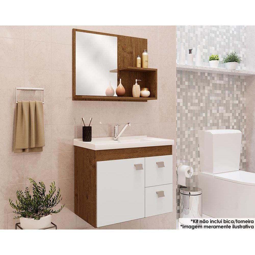 Balcão p/ Banheiro Suspenso Hortência Isa 1Pta e 2Gavs +Armário Espelheira +Bancada Pia 55cm cor Amendoa/Branco - MGM